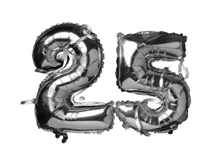 Image of shiny silver balloons that say 25